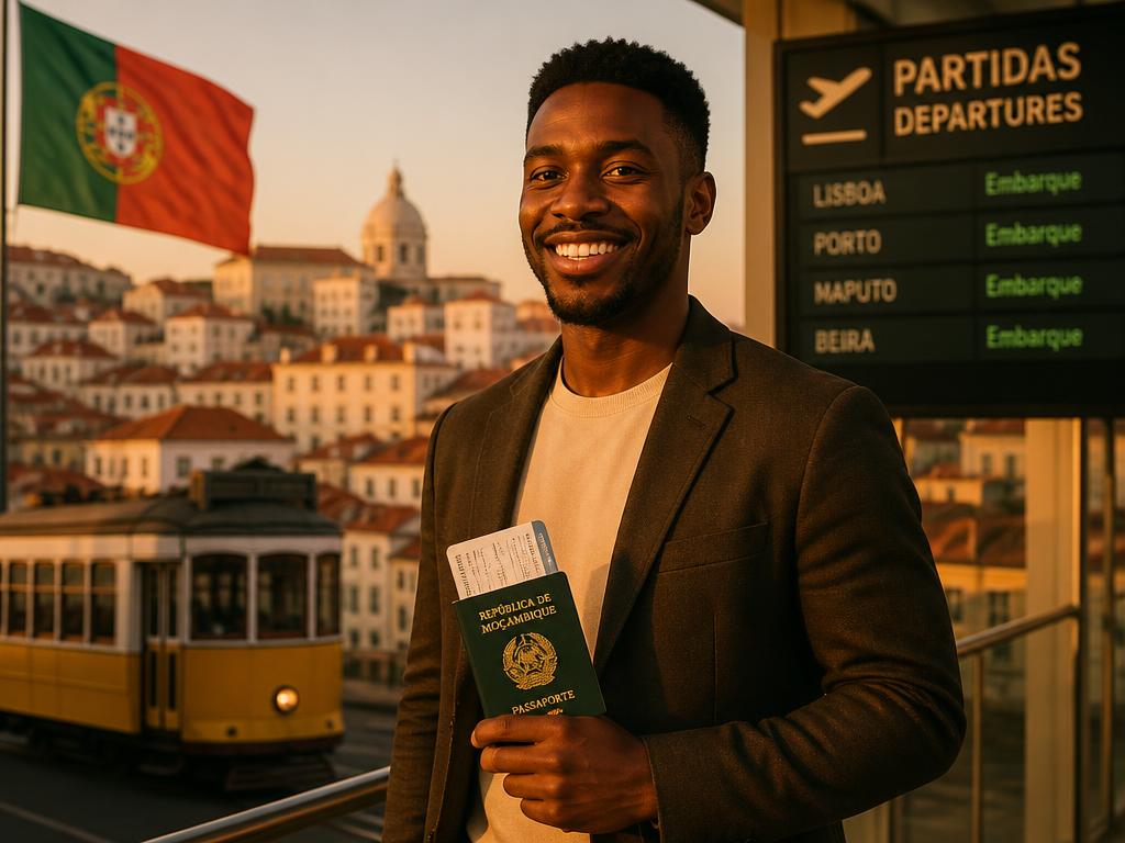 Moçambicano sorridente com passaporte e bilhete, pronto para viajar para Portugal