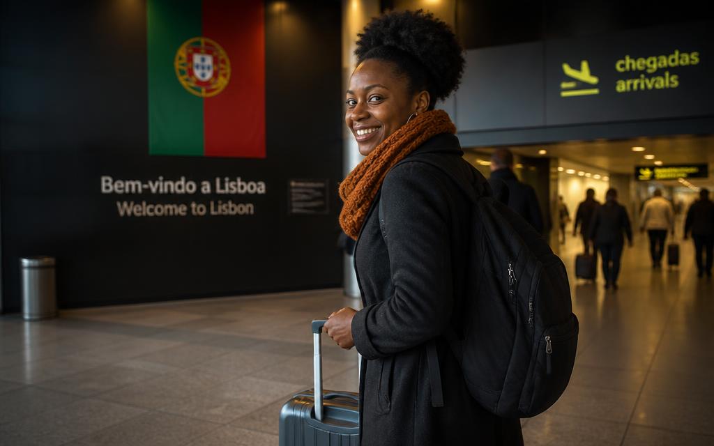 Moçambicana sorridente a chegar ao aeroporto de Lisboa com a bandeira de Portugal ao fundo
